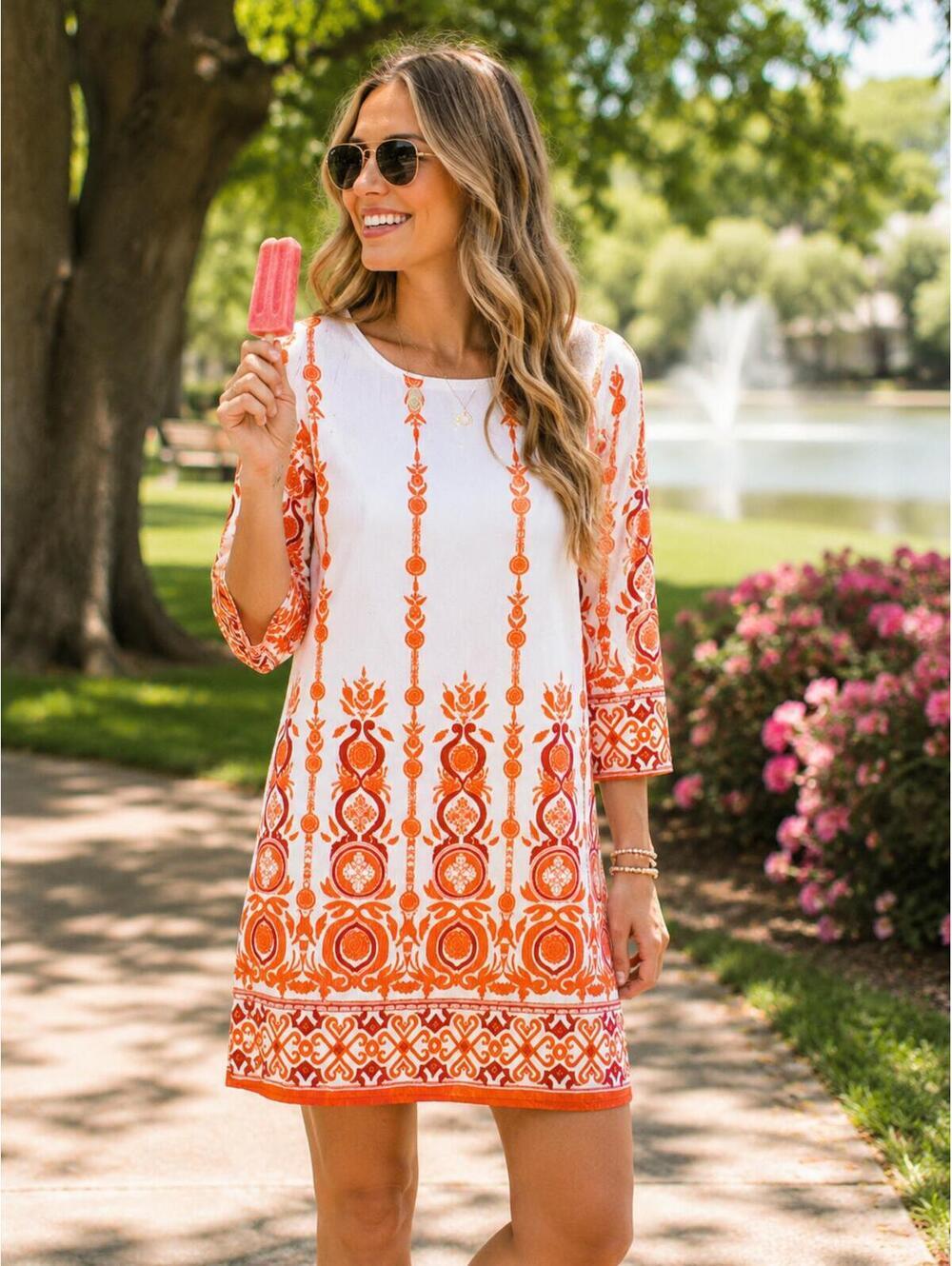 Pink Owl Apparel Women’s Boho Tunic Dress Orange White 3/4 Sleeve Shift Dress